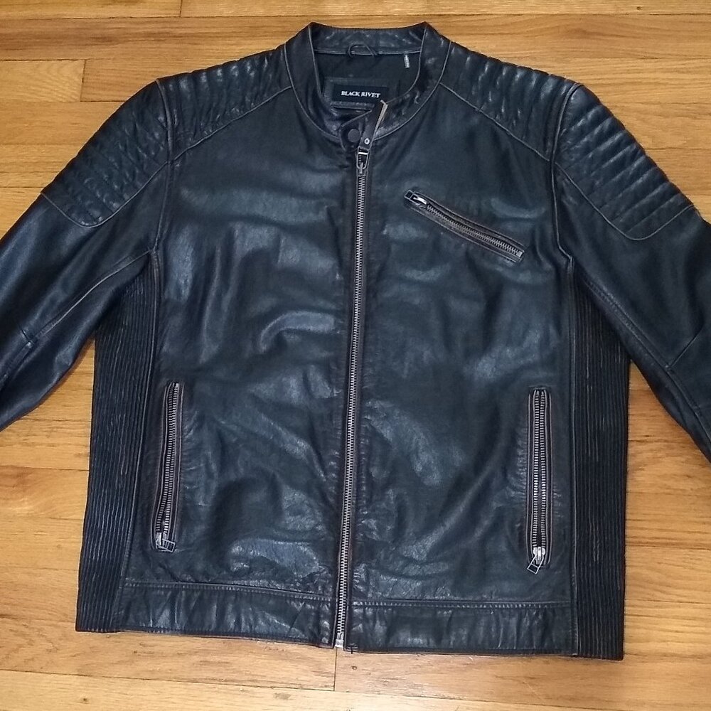 Men’s Leather Jacket XL Black Rivet Genuine Motorcycle Style Zip Up Fresh